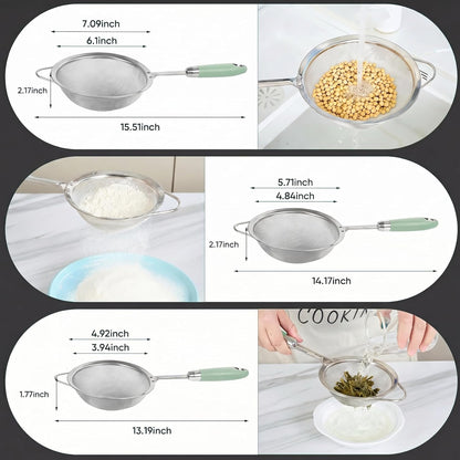 Stainless Steel Fine Mesh Strainer Set (3 Sizes 12/14/18cm, 40 Mesh) – 304 Food Grade, For Pasta, Rice, Flour & Tea – Reinforced Handle, Hook Rest, Heat-Safe Grip, Dishwasher Safe
