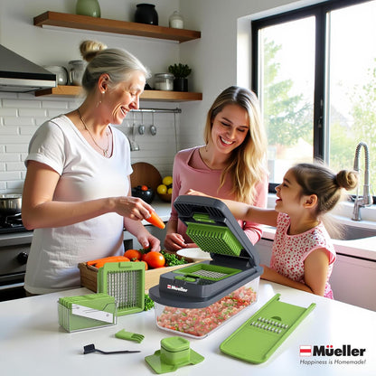 Mueller Pro-Series 10-in-1, 8 Blade Vegetable Chopper, Onion Mincer, Cutter, Dicer, Egg Slicer with Container, French Fry Cutter Potato Slicer, Home Essentials, Salad Chopper White Sand/Green