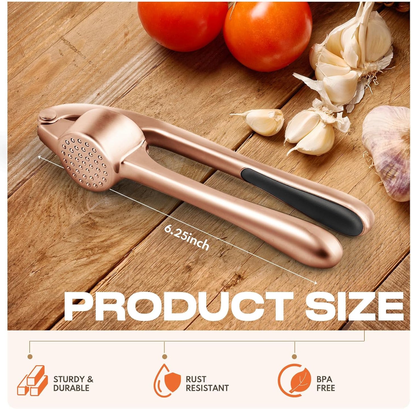 Kitchen Garlic Press, Rust Proof & Dishwasher Safe Garlic Mincer, Durable Garlic Crusher Set with Peeler＆Brush, Easy to Clean and Squeeze, Matte