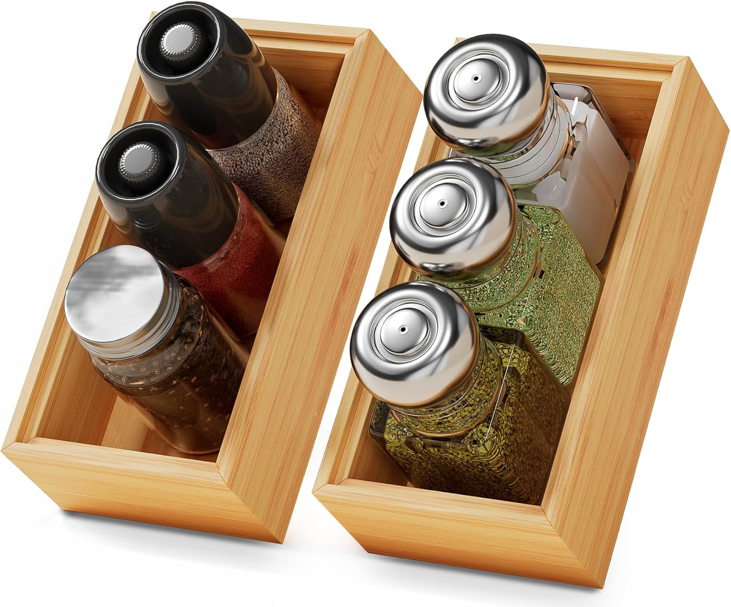 Long Bamboo Kitchen Drawer Organizer Boxes – 17" x 6" Stackable Wood Silverware Utensil Tray for Drawers Bins Cutlery & Flatware Storage – Wooden Pantry Organizers Set of 2 for Junk Drawer Bathroom Rv