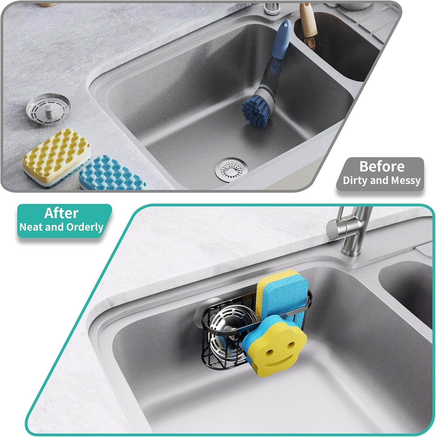 HapiRm Multifunctional Sponge Holder with Unique M-Shaped, 2 Installation Methods Kitchen Sink Caddy Organizer, Rustproof Stainless Steel Kitchen Organizers and Storage Essentials - Black