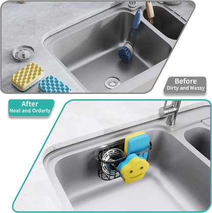 HapiRm Multifunctional Sponge Holder with Unique M-Shaped, 2 Installation Methods Kitchen Sink Caddy Organizer, Rustproof Stainless Steel Kitchen Organizers and Storage Essentials - Black