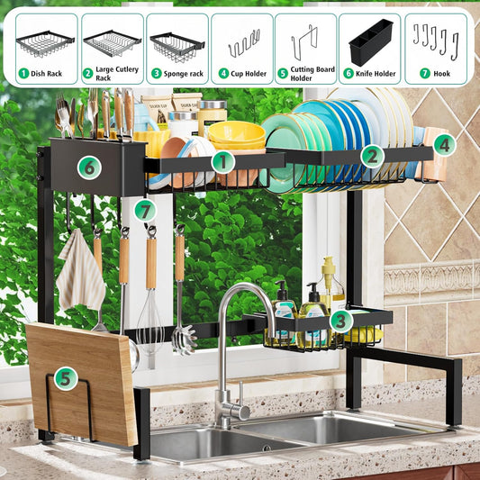 YKLSLH 4 Baskets Over The Sink Dish Drying Rack, Extendable Large Capacity Sink Rack, Metal Drying Rack Saving Space,for Most Sinks (26.57"-35")