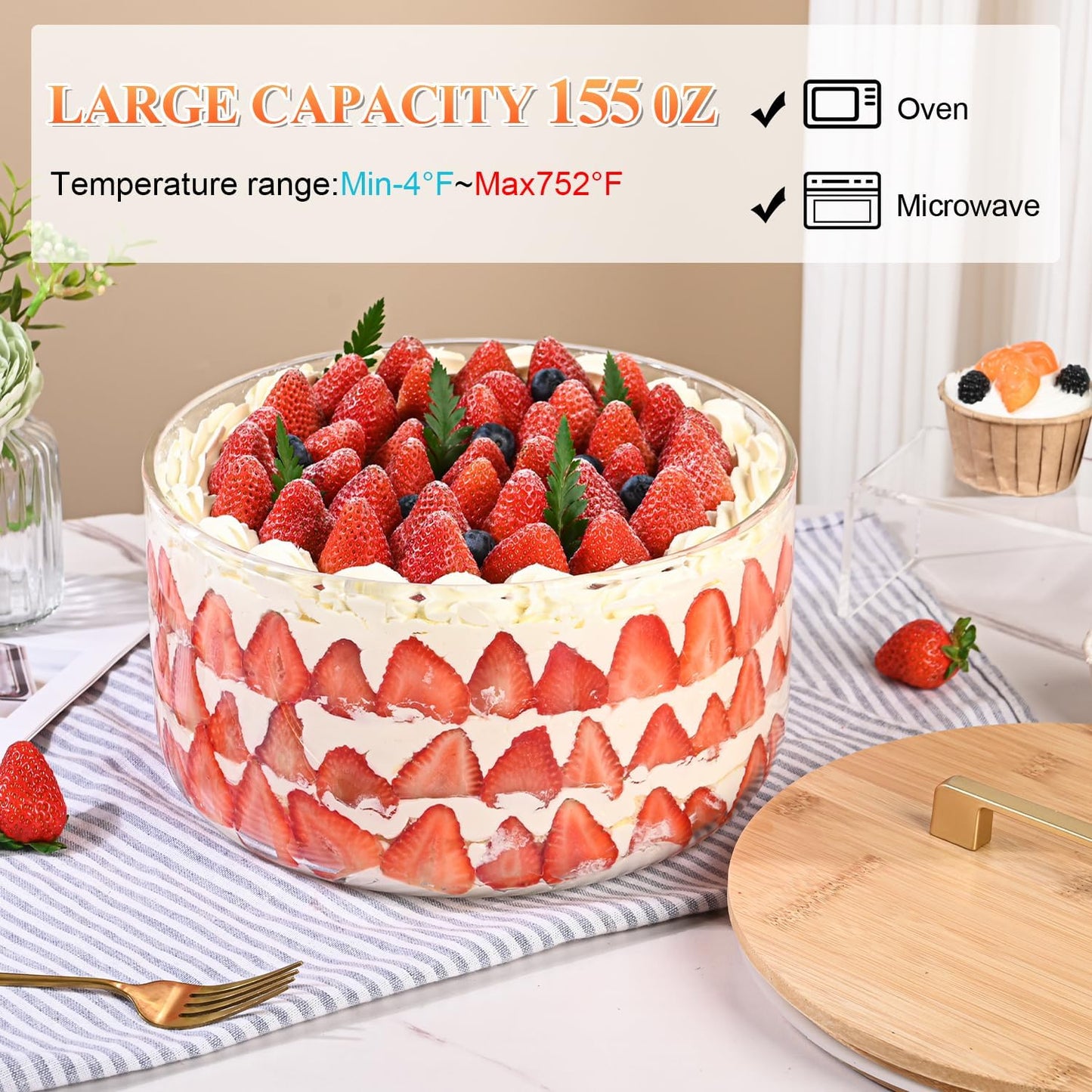 LOVYANXUE Large Salad Bowl, 10 inch Trifle Bowl with Sealed Lid, Versatile Mixing and Serving Bowl for Laying Ice Cream, Cake, Salad, Fruit, Baking, Dessert and Party Diy, Microwave Safe