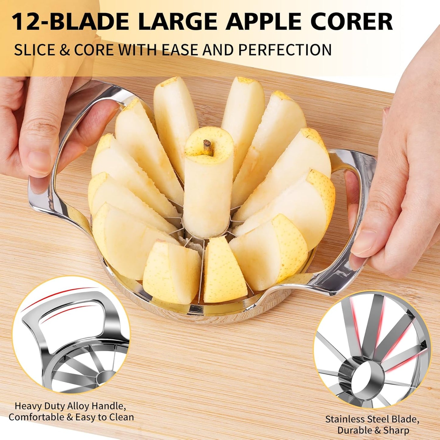 4.72 inches Apple Slicer,12-Blade Extra Large Apple Corer, Heavy Duty Stainless Steel Apple Cutter and Divider with Updated Safe Blade System
