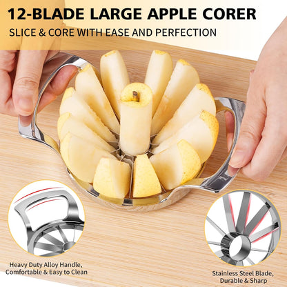4.72 inches Apple Slicer,12-Blade Extra Large Apple Corer, Heavy Duty Stainless Steel Apple Cutter and Divider with Updated Safe Blade System