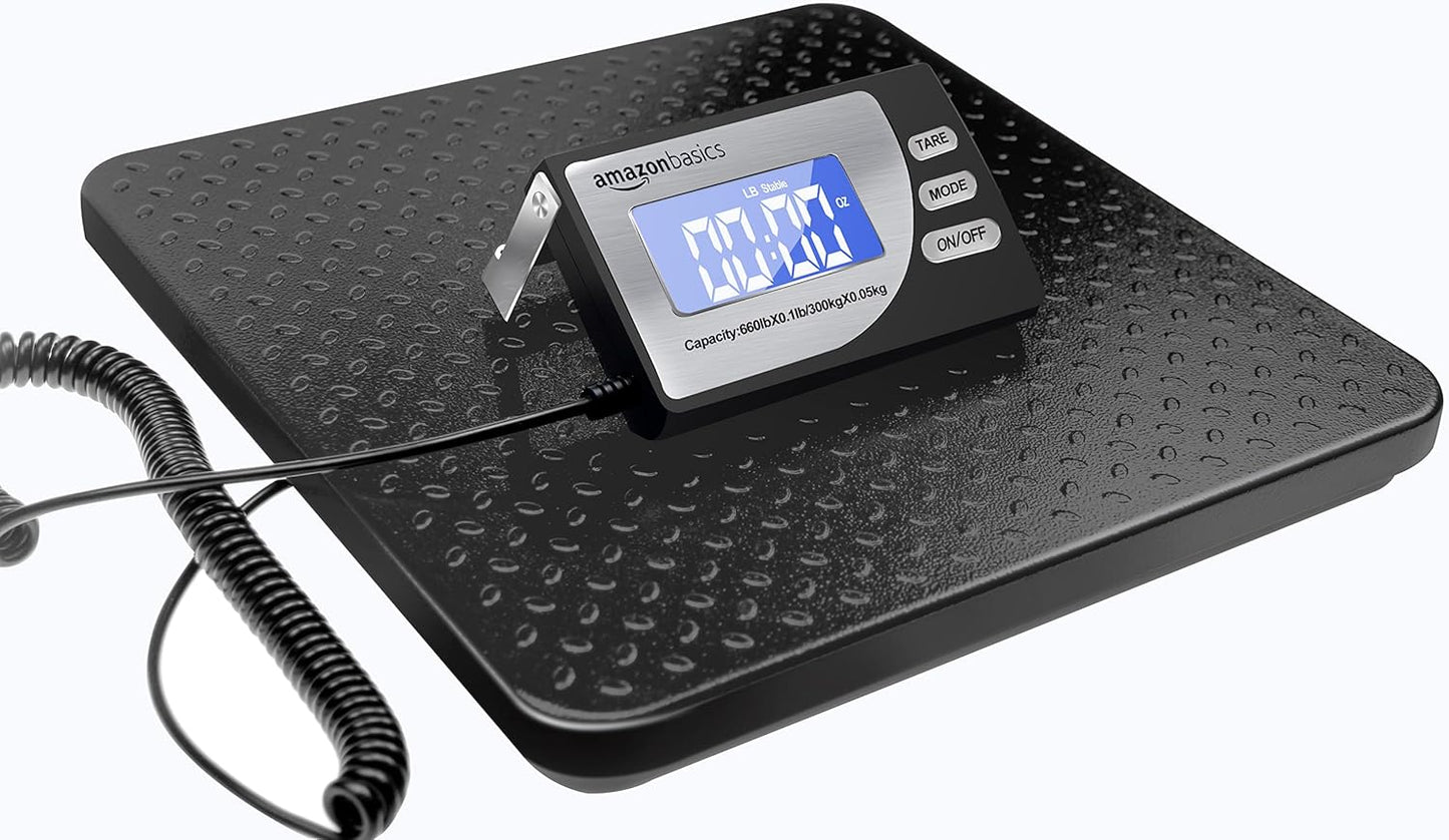 Amazon Basics Digital Postal Shipping Scale with Tare Function, AC Adapter, 65 lb Capacity, 0.1 oz Readability, LCD Display, Black