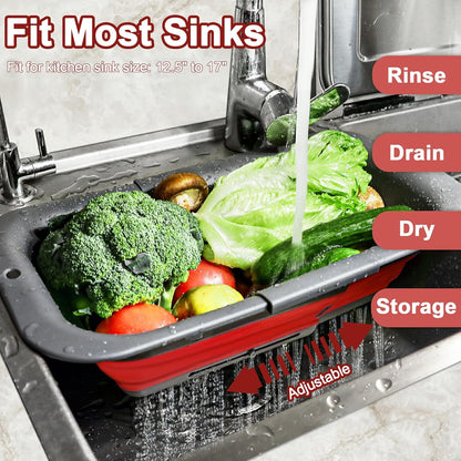 ROTTOGOON 7Qt Collapsible Colander Strainer, Expandable Over the Sink Colander, Adjustable Silicone Kitchen Sink Strainer, Foldable Large Colanders Basket to Wash Vegetable, Fruit, 15" to 19.8", Green