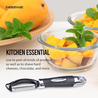 Farberware Pro2 Vegetable Peeler, Euro Peeler with Razor-Sharp Stainless Steel Blade, Swivel Peeler for Potatoes, Fruits, and Vegetables, Built-In Bud Remover, Dishwasher Safe