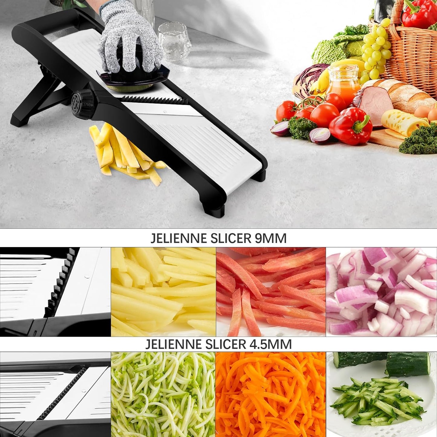 Mandoline Food Slicer, Adjustable Mandoline Slicer for Kitchen, Stainless Steel Mandolin Vegetable Chopper for Potato/Tomato/Onion, Vegetable Slicer Julienne Cutter with Cut-Resistant Gloves