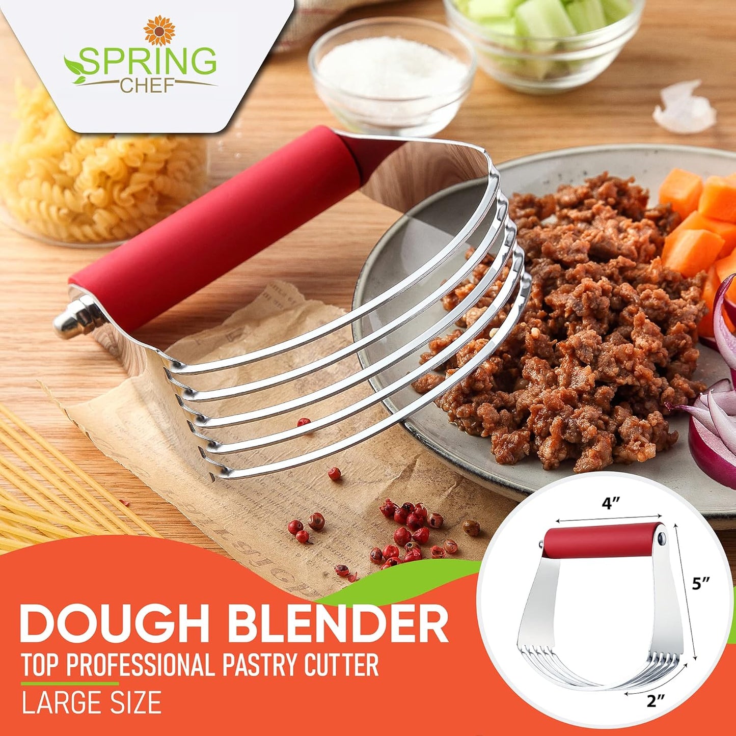 Spring Chef Dough Blender, Top Professional Pastry Cutter with Heavy Duty Stainless Steel Blades, Medium Size, Black