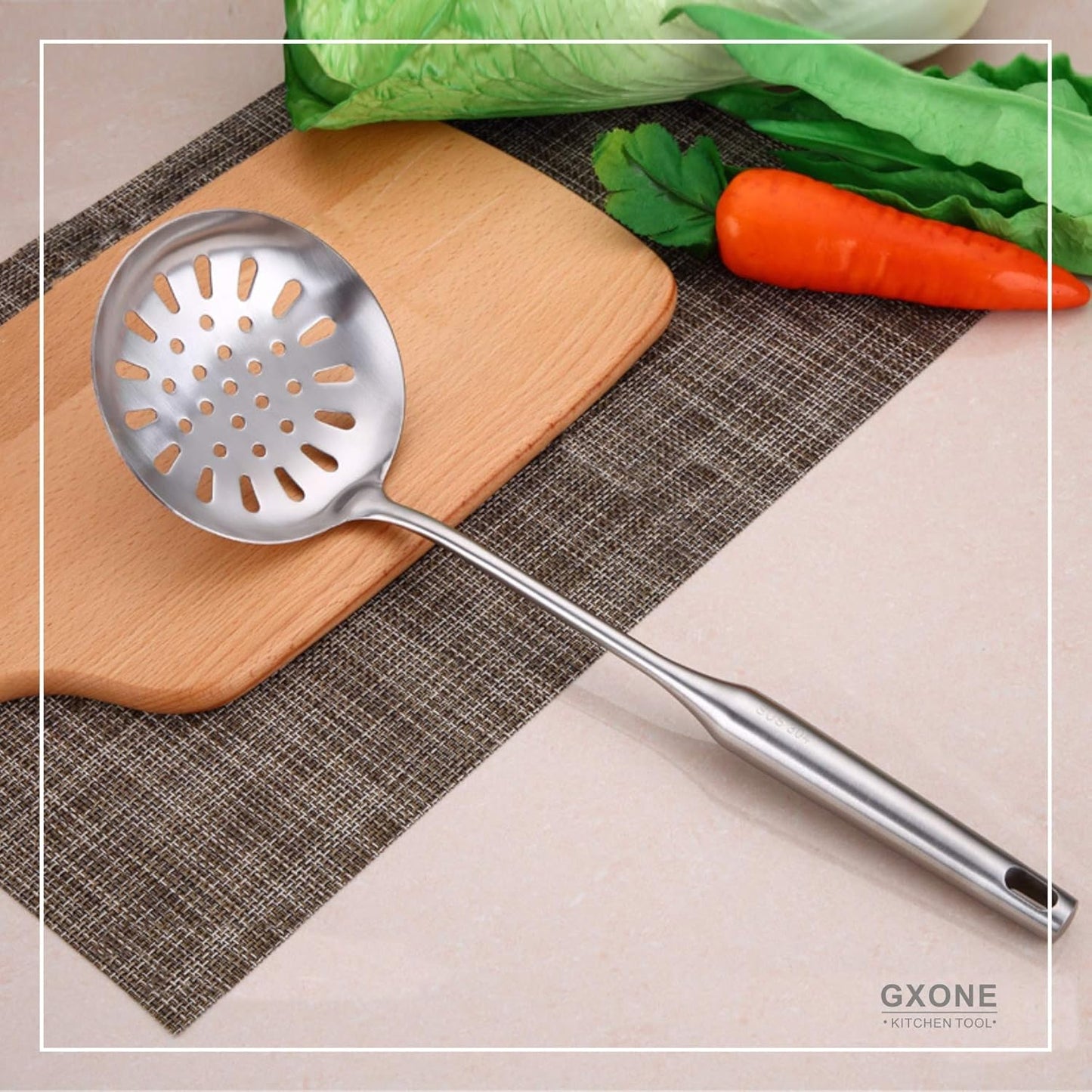 Slotted Spoon,304 Stainless Steel Skimmer Spoon with Heat Resistant Wooden Handle,Silver/15.8Inch