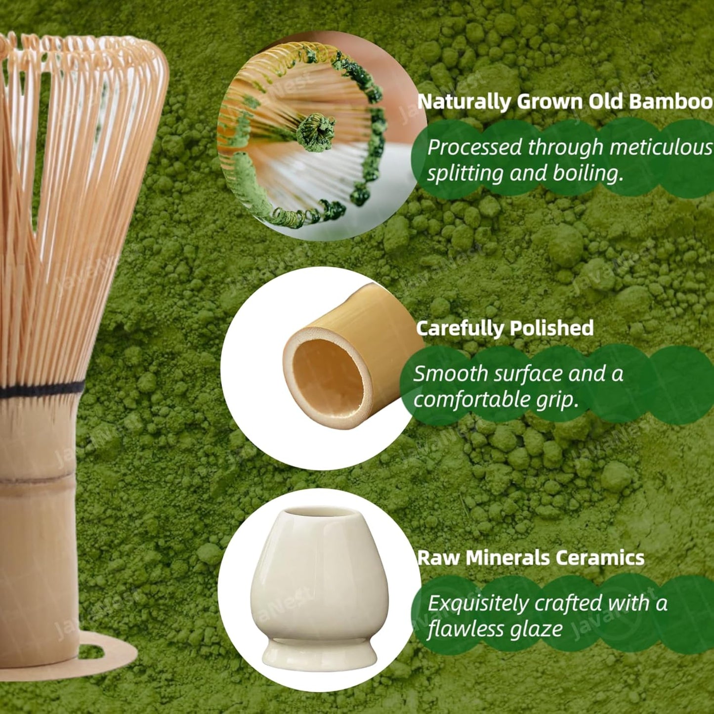 Matcha Whisk Set, 6-Piece Matcha Making Kit, Macha Tea Set, (Chasen Holder), Ceramic Whisk Holder, Matcha Starter Sifter, Bamboo Scoop, Spoon Japanese Tea Tools For Ceremony Gift (Green)