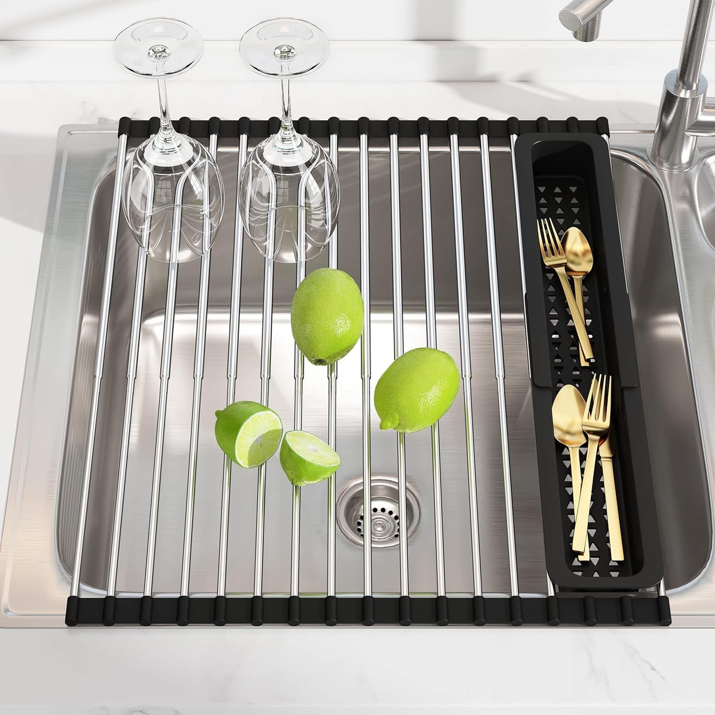 JASIWAY Roll Up Dish Drying Rack, Expandable (12.8"-23.8" D x 12.8" W) Stainless Steel Portable Drainer for Kitchen Sink Counter, Foldable Over The Sink Cover with Removable Utensil Holder