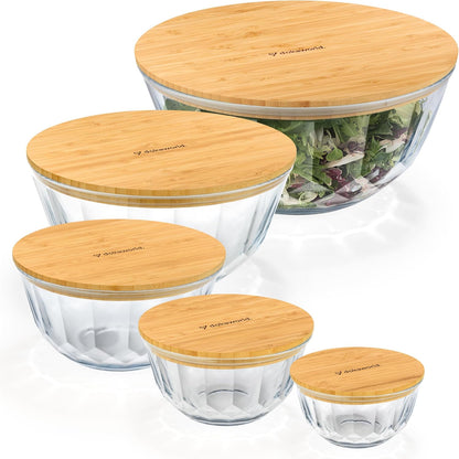 Set of 5 Nesting Glass Bowls with New Updated Acacia Lids for Foodprep, Storage, Mixing & Cooking - Microwave & Oven-ready BPA Free Durable Heat Resistant Inert Borosilicate Glass