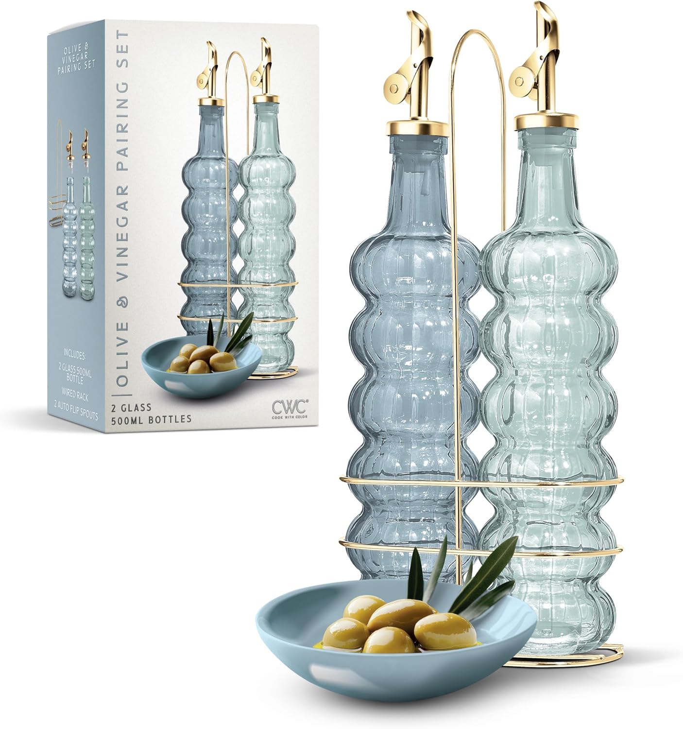 COOK WITH COLOR Glass Olive Oil Bottle Dispenser - 2 Pack- 17oz Oil and Vinegar Cruet - Olive Oil Carafe Decanter for Kitchen, Elegant Waves, Clear