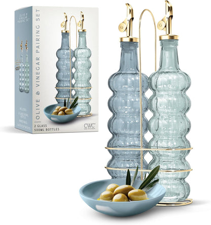 COOK WITH COLOR Glass Olive Oil Bottle Dispenser - 2 Pack- 17oz Oil and Vinegar Cruet - Olive Oil Carafe Decanter for Kitchen, Elegant Waves, Clear