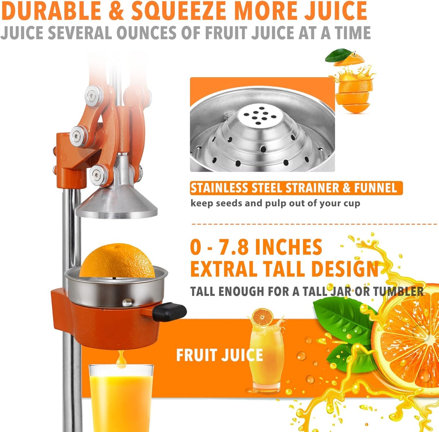 Commercial Heavy Duty Cast Iron Hand Press Manual Orange Citrus Lemon Lime Grapefruit Pomegranate Fruit Juice Squeezer Machine with Stainless Steel Cup