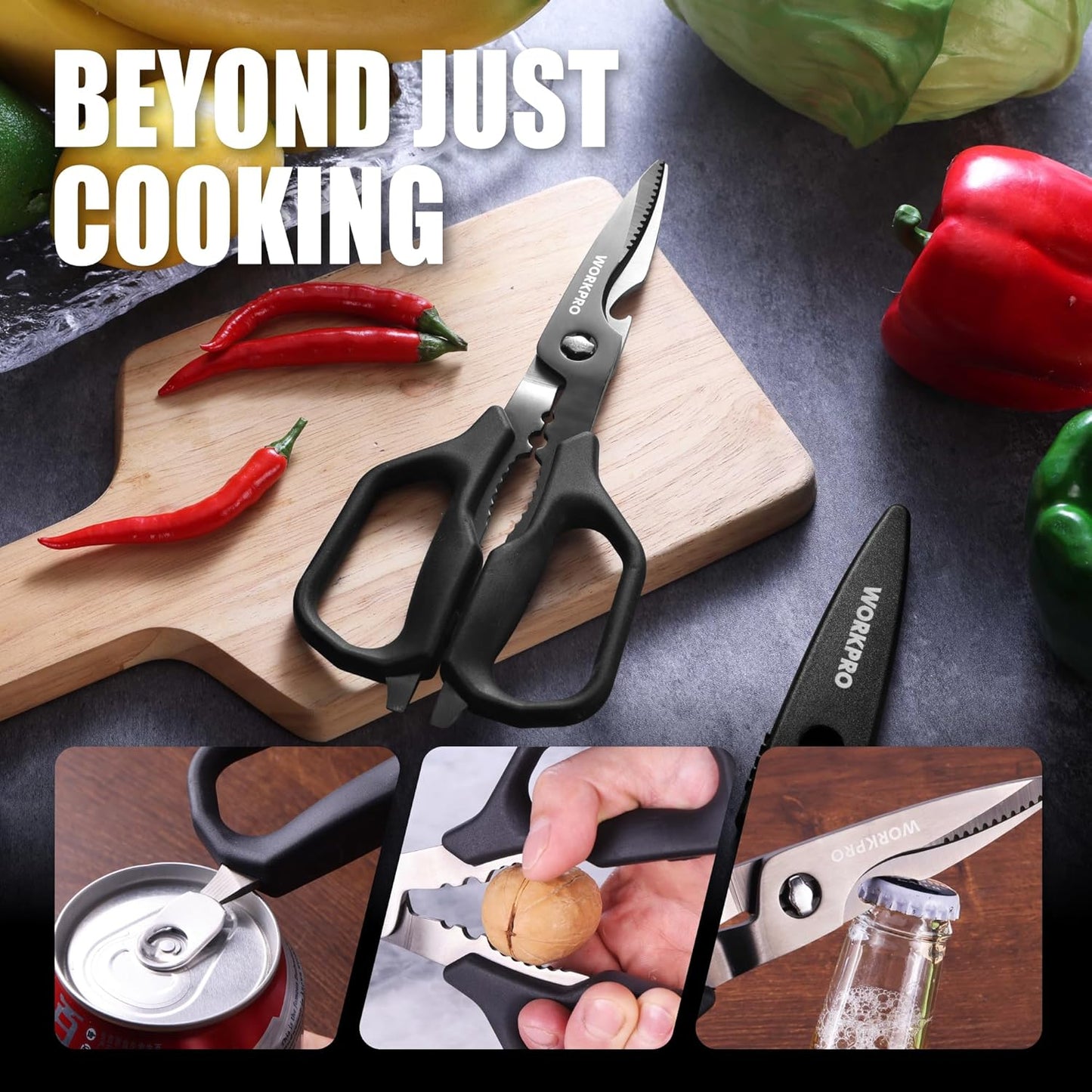 WORKPRO Kitchen Scissors, All Purpose Kitchen Shears with Detachable Stainless Steel Blades, Titanium Coated for Easy Cleaning, Heavy Duty for Meat, Fish, Nuts, Vegetables, Protective Cover Included