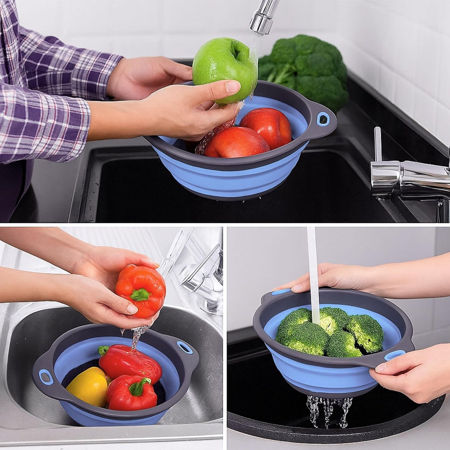 White Round Silicone Collapsible Colander – Silicone Round Kitchen Strainers with Plastic Handles Small Foldable Kitchen Strainer Perfect for Draining Pasta Vegetable and Fruit