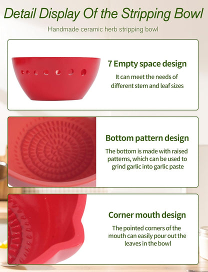 Herb Stripper & Garlic Grater, 2-In-1 7-Hole Design Herb Stripper Bowl, Built-in Garlic Grater Plate for Kale, Chard, Collard Greens, Thyme, Basil, Rosemary (Red)
