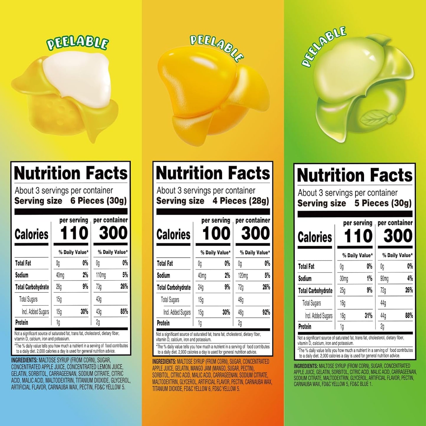 AMOS Peelerz Peelable Gummy Candy Variety Pack, Mango White Peach Banana Green Apple Passion Fruit Lychee, Soft Chewy Fruit Snack, Pack of 6