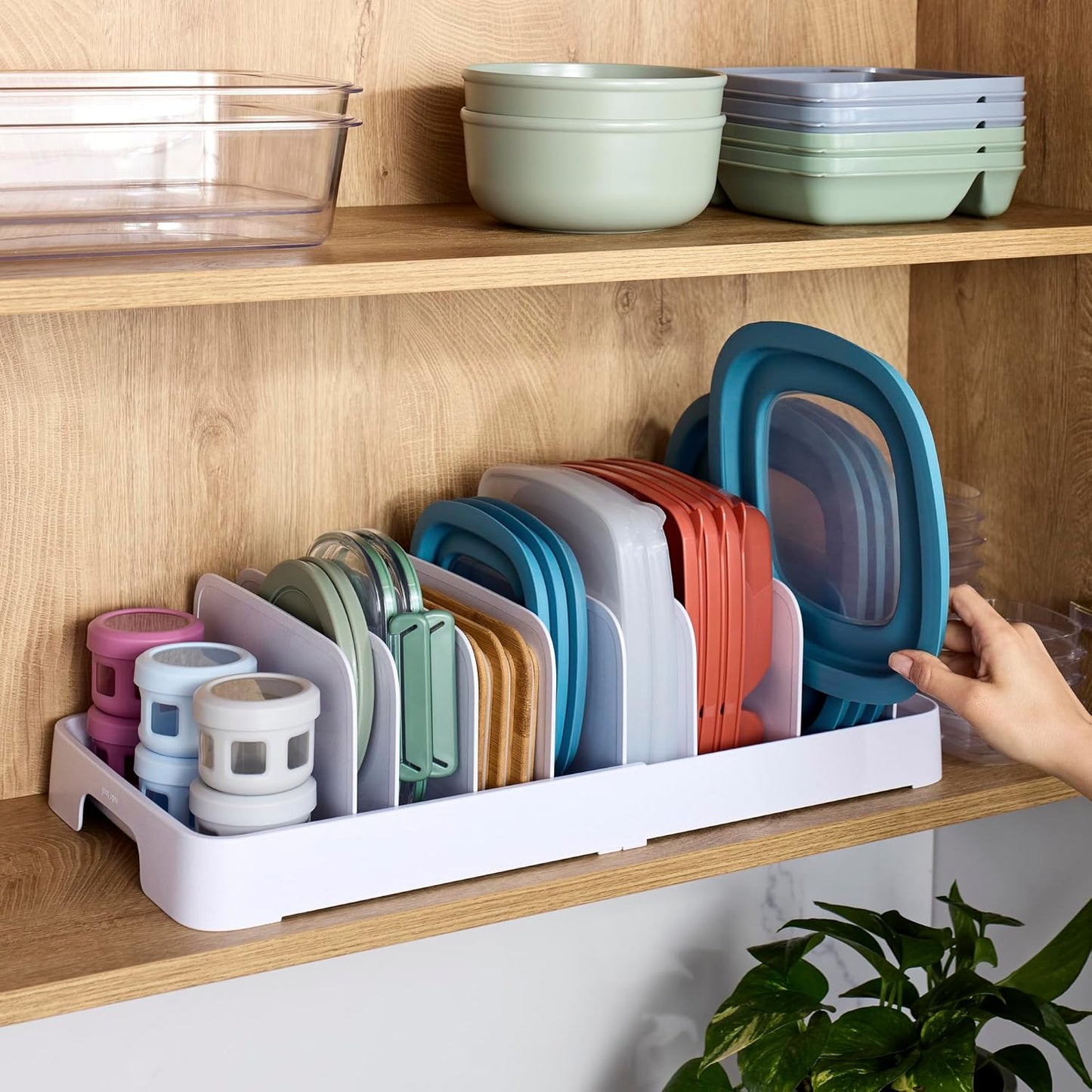 YouCopia StoraLid Food Container Lid Organizer for Kitchen Cabinet Storage with 5 Adjustable Dividers, 10.5''D × 13.4''W × 3.3''H, Large Classic Edition, White