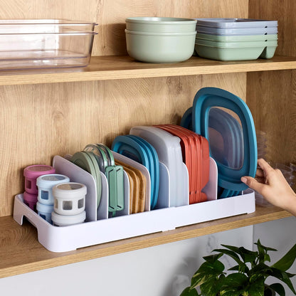 YouCopia StoraLid Food Container Lid Organizer for Kitchen Cabinet Storage with 5 Adjustable Dividers, 10.5''D × 13.4''W × 3.3''H, Large Classic Edition, White