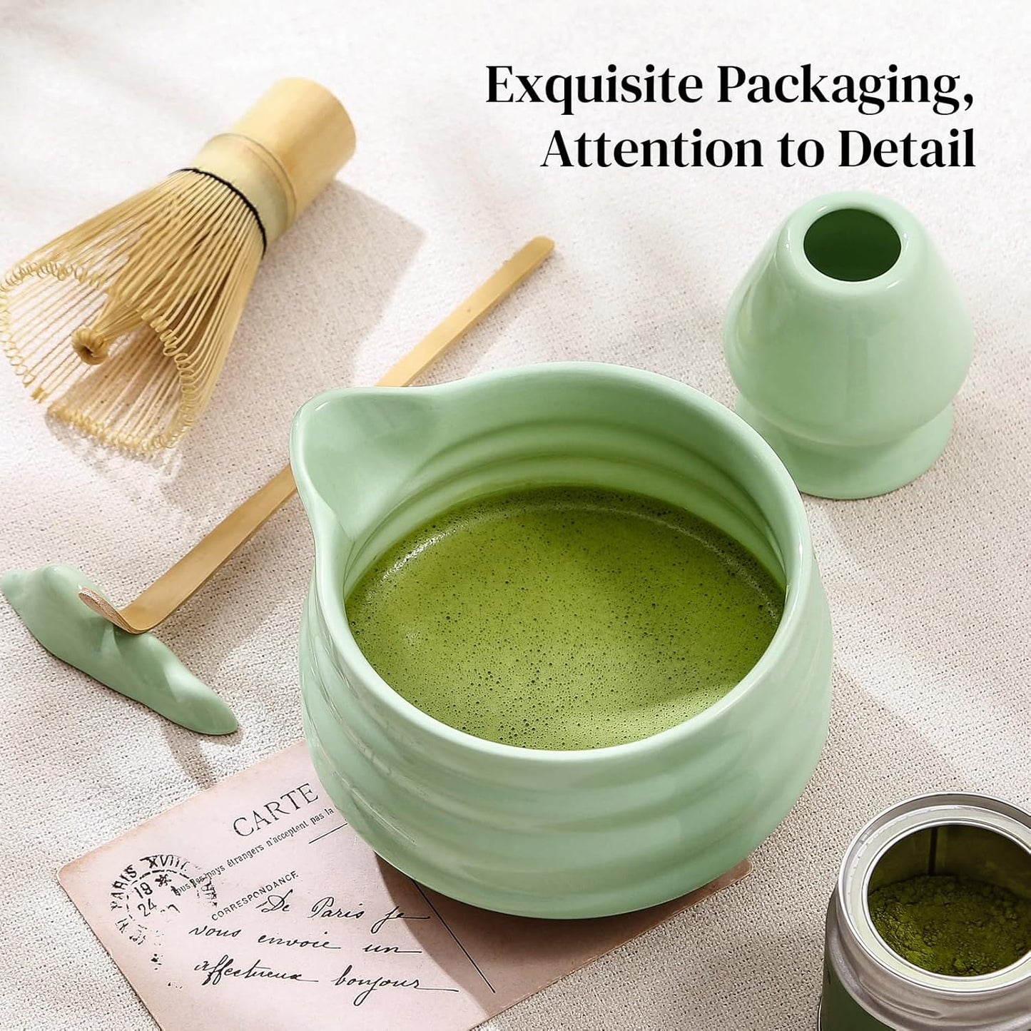 DOWAN Matcha Whisk Set, 7 Pcs Matcha Set Includes Bowl with Spout, Whisk and Holder, Bamboo Scoop and Holder, Sifter and Tea Towel - Matcha Kit Gift for Lovers Beginners (Pink)
