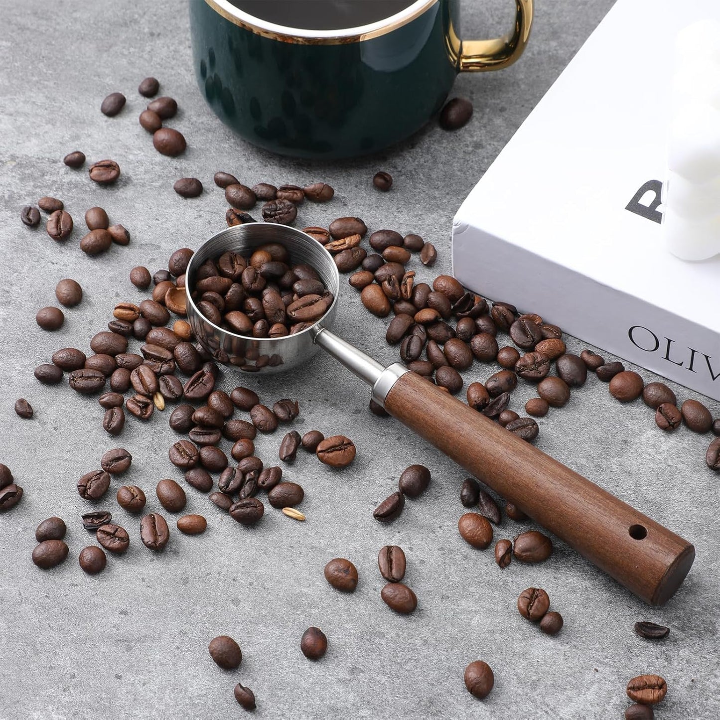 30ML Vintage Coffee Measuring Spoon with Long Wooden Handle 10g Capacity Metal Tablespoon Stainless Steel Coffee Scoop Kitchen Utensil Spoon for Coffees Tea Bath Salts