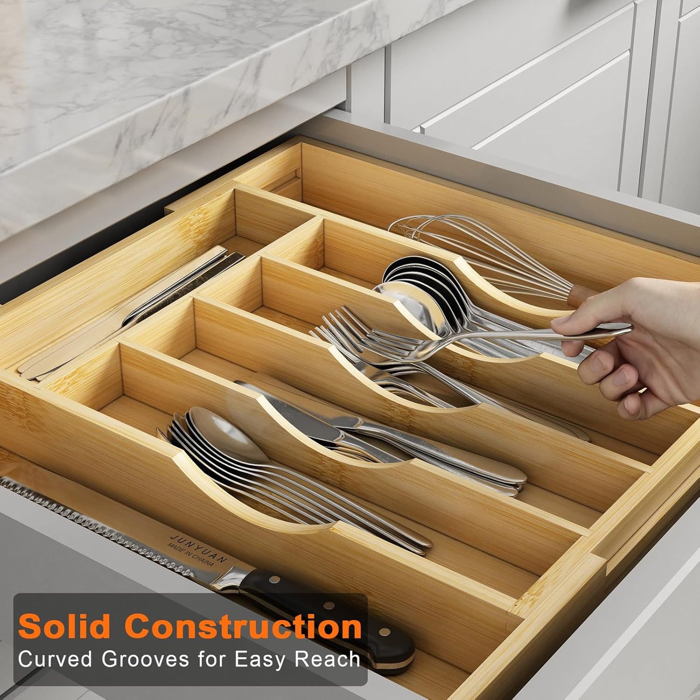 Youpehom Bamboo Utensil Organizer for Kitchen Drawers, Utensil Tray and Cutlery Silverware Holder,Wood Drawer Dividers with 5 Slots