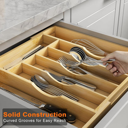 Youpehom Bamboo Utensil Organizer for Kitchen Drawers, Utensil Tray and Cutlery Silverware Holder,Wood Drawer Dividers with 5 Slots