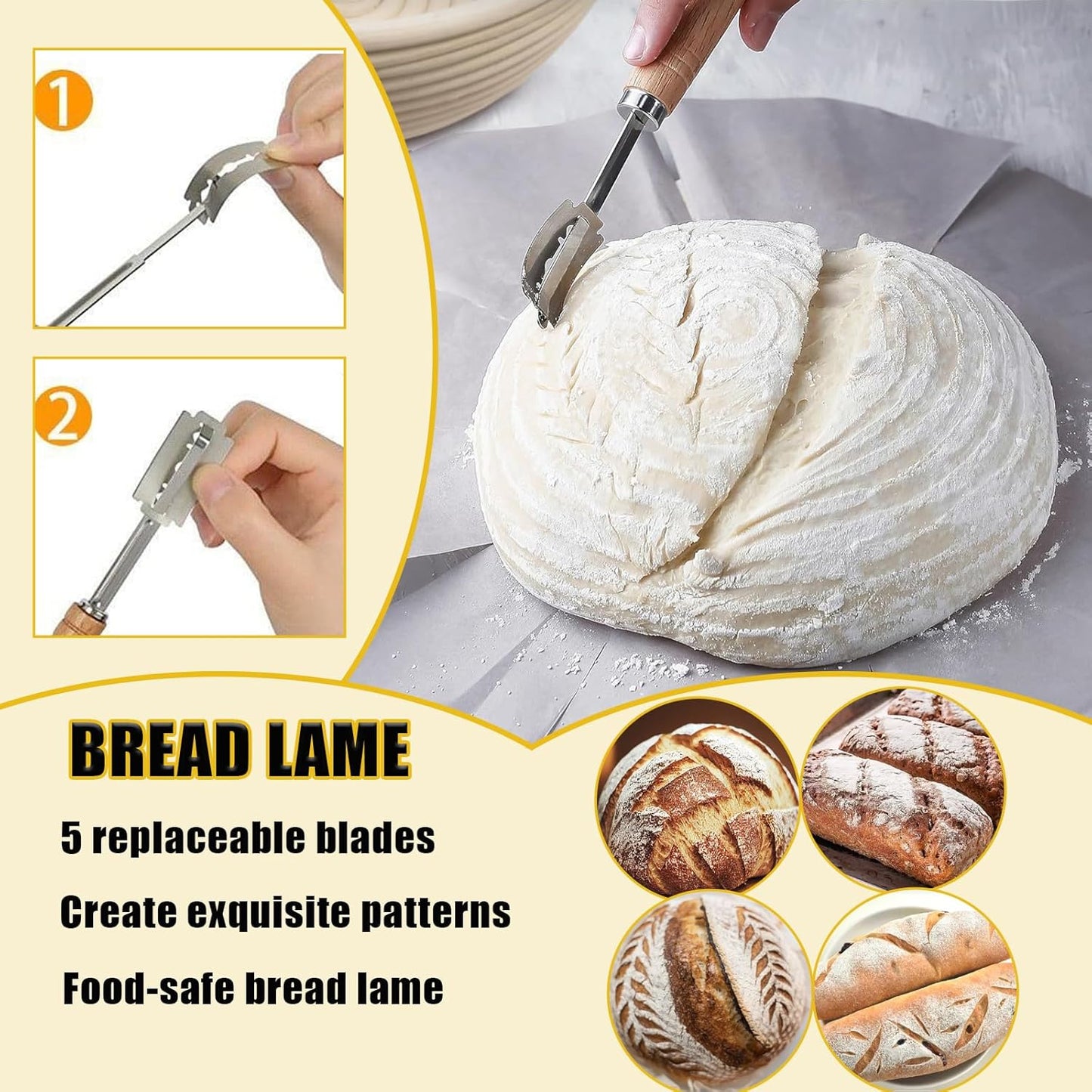 Danish Dough with Sourdough Scoring Tool-Bread Whisk Set of 6 Pieces-Dough Hook,Dutch Whisk,Bread Lame,Bench Scraper & Pastry Brush Bread Making Tools and Baking Supplies