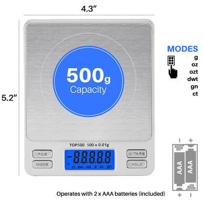 Smart Weigh Pro Digital Pocket Scale – 2000g x 0.1g Precision Gram Scale with LCD Display, 6 Weighing Units, Hold & Count Functions – Includes 2 Trays and Batteries (Silver)