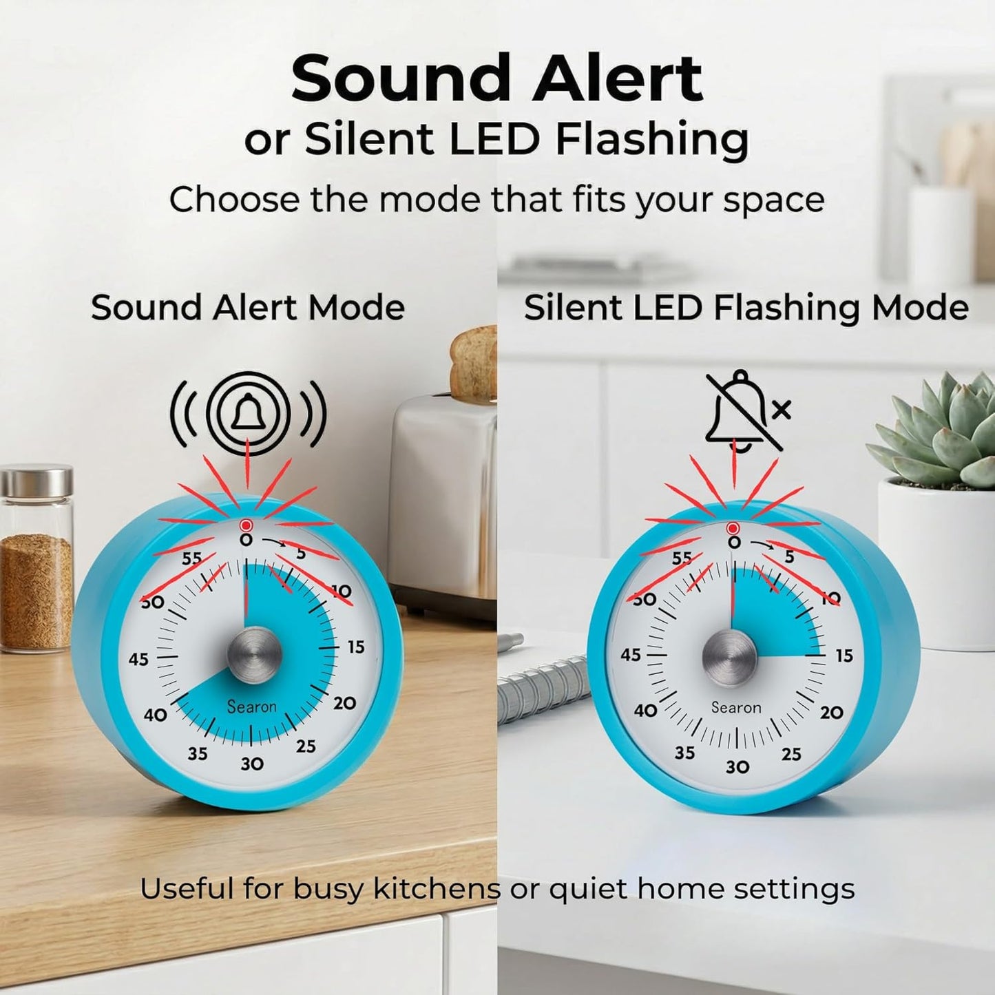 Searon Magnetic Visual Kitchen Timer, 60 Minute Countdown Timer with LED Alert, Turn the Dial to Start, No Winding Needed for Cooking, Baking, Meal Prep & Daily Kitchen Tasks (Blue)