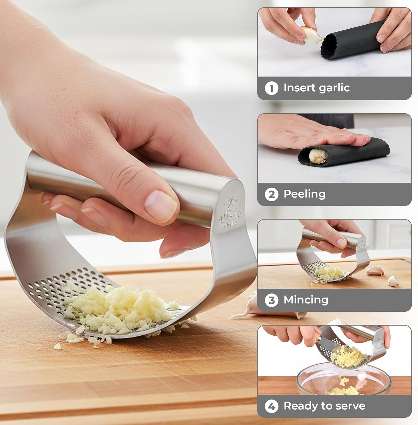 Zulay Kitchen Premium Garlic Press Set - Rust Proof Professional Garlic Mincer Tool - Easy-Squeeze, Easy-Clean with Soft, Ergonomic Handle - Silicone Garlic Peeler & Brush (Silver)