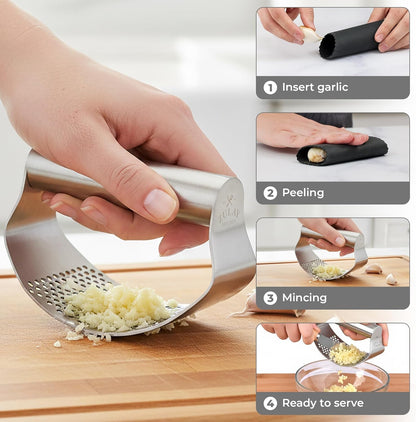 Zulay Kitchen Premium Garlic Press Set - Rust Proof Professional Garlic Mincer Tool - Easy-Squeeze, Easy-Clean with Soft, Ergonomic Handle - Silicone Garlic Peeler & Brush (Silver)