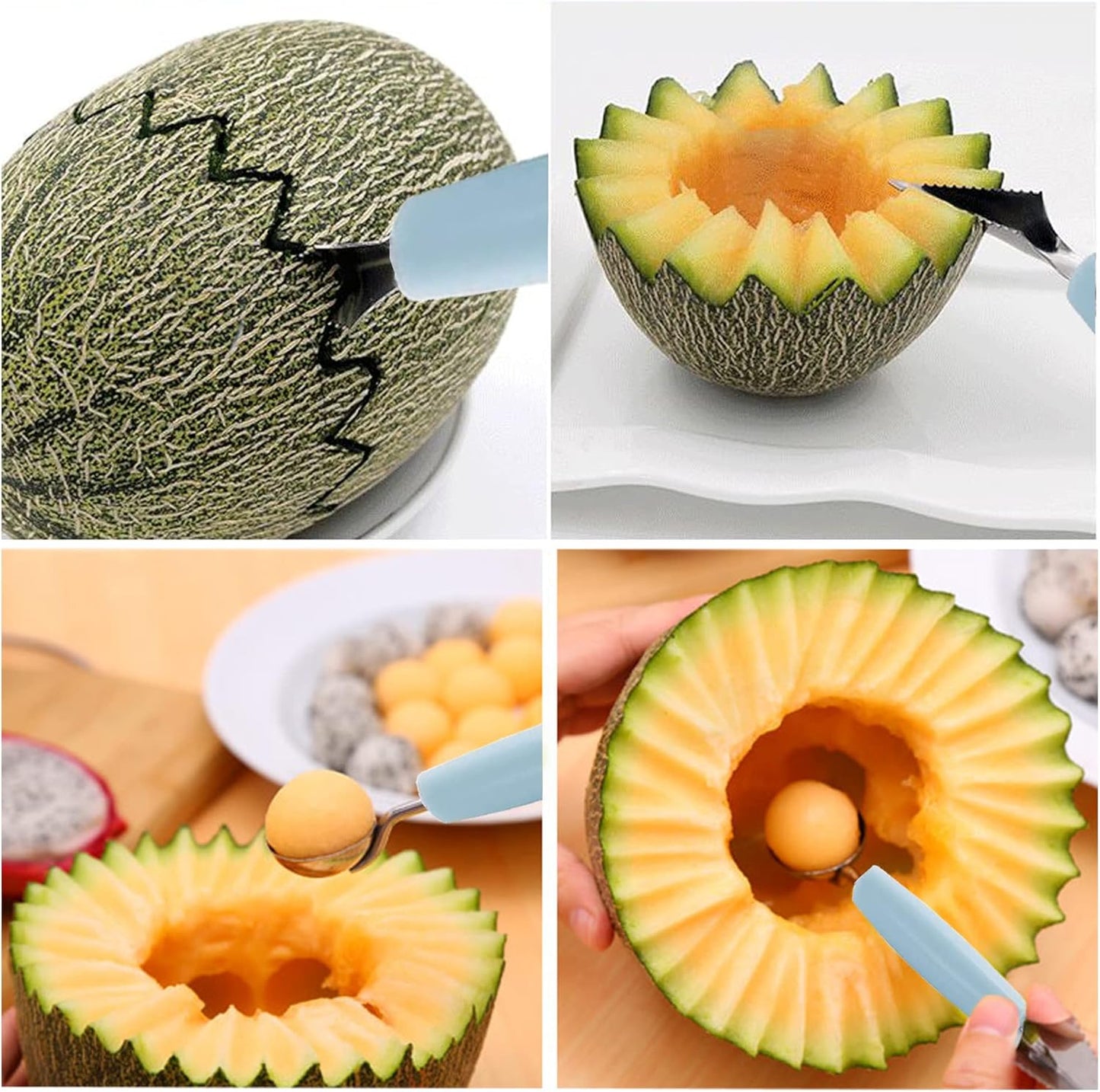 Melon Baller, 2Pcs Double-Headed Fruit Carving Cutter Knife Cookie Scoop Fruit Decoration Tool Stainless Steel DIY Cutting Scooping Round Melon Scoop for Watermelon,Cantaloupe,Fruits,Sorbet,Ice Cream