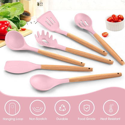 E-far Cooking Utensils Set of 6, Silicone Kitchen Utensils with Wooden Handle, Non-stick Cookware Friendly & Heat Resistant, Includes Spatula/Ladle/Slotted Turner/Serving Spoon/Spaghetti Server(Khaki)