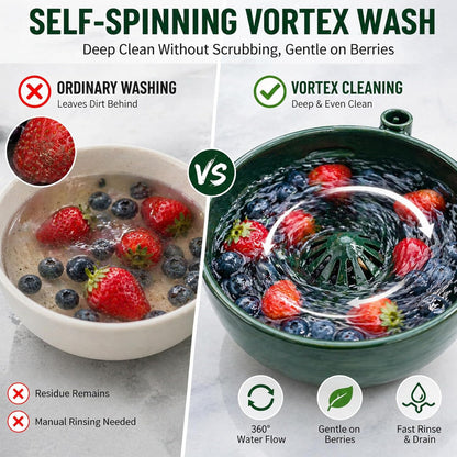 Self Spinning Berry Washing Bowl, Fruit & Vegetable Washer with Drain, 360° Vortex Cleaning, Rapid Wash Multipurpose Kitchen Colander, Multipurpose Kitchen Strainer Bowl (1)