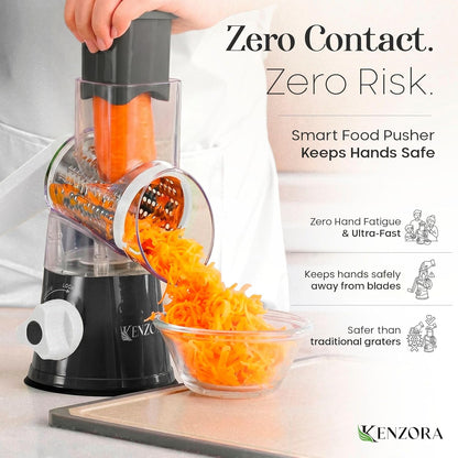 KENZORA Rotary Cheese Grater Hand Crank & Vegetable Chopper - 3-in-1 Manual Cheese Shredder with Handle - Fast Meal Prep Mandoline Slicer - Strong Suction Base & Safe Kitchen Gadgets, Black
