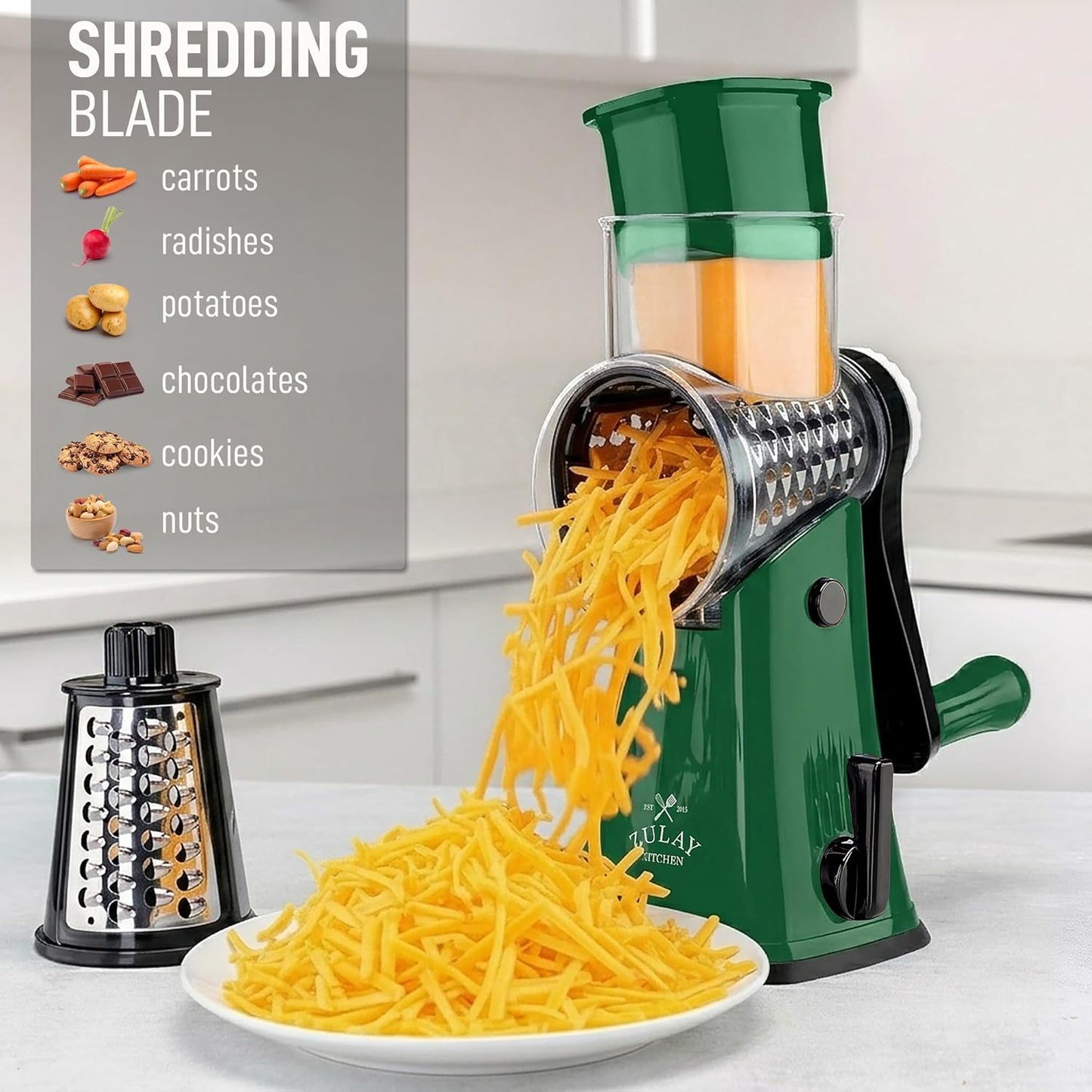 Zulay Kitchen Rotary Cheese Grater 5 Blade Cheese Shredder - Manual Hand Crank Cheese Grater With Reinforced Suction & 5 Interchangeable Drums - Easy to Use, Vegetable Chopper Round Mandoline Slicer - Colors A
