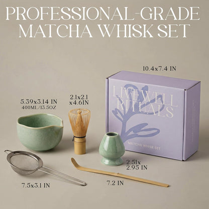 Matcha Whisk Set - Matcha Set Kit with Ceramic Matcha Bowl, Bamboo Whisk & Holder, Stainless Steel Sifter, Bamboo Spoon - Lead-Free 5 Pcs Ceremony Kit for Authentic Tea Ritual, Pink