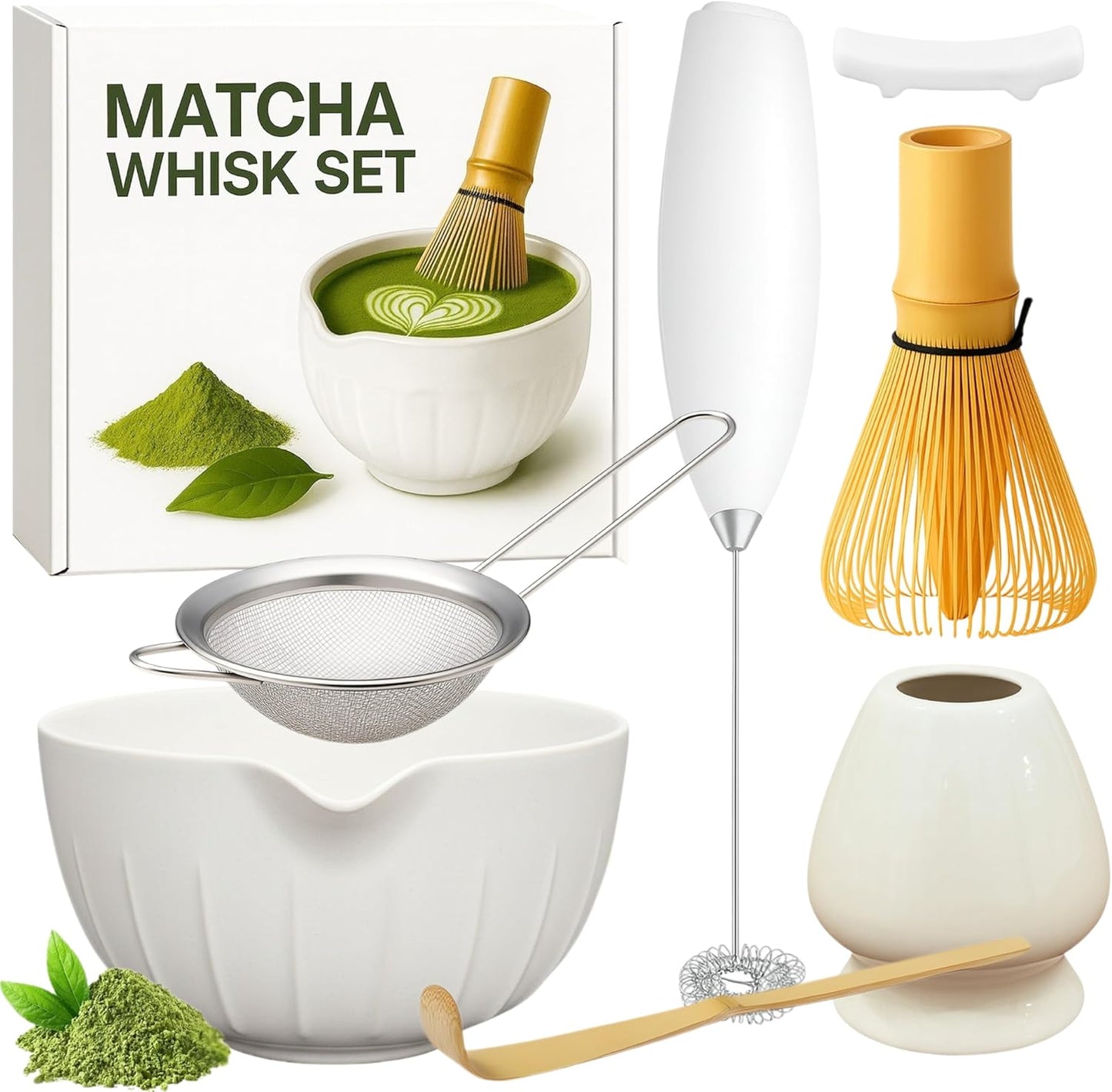 Matcha Whisk Set with Matcha Bowl - Matcha Set Included Electric Frother, Bamboo Whisk, Matcha Spoon, Bamboo Holder, Sifter, Spoon Stand (Blossom Pink)