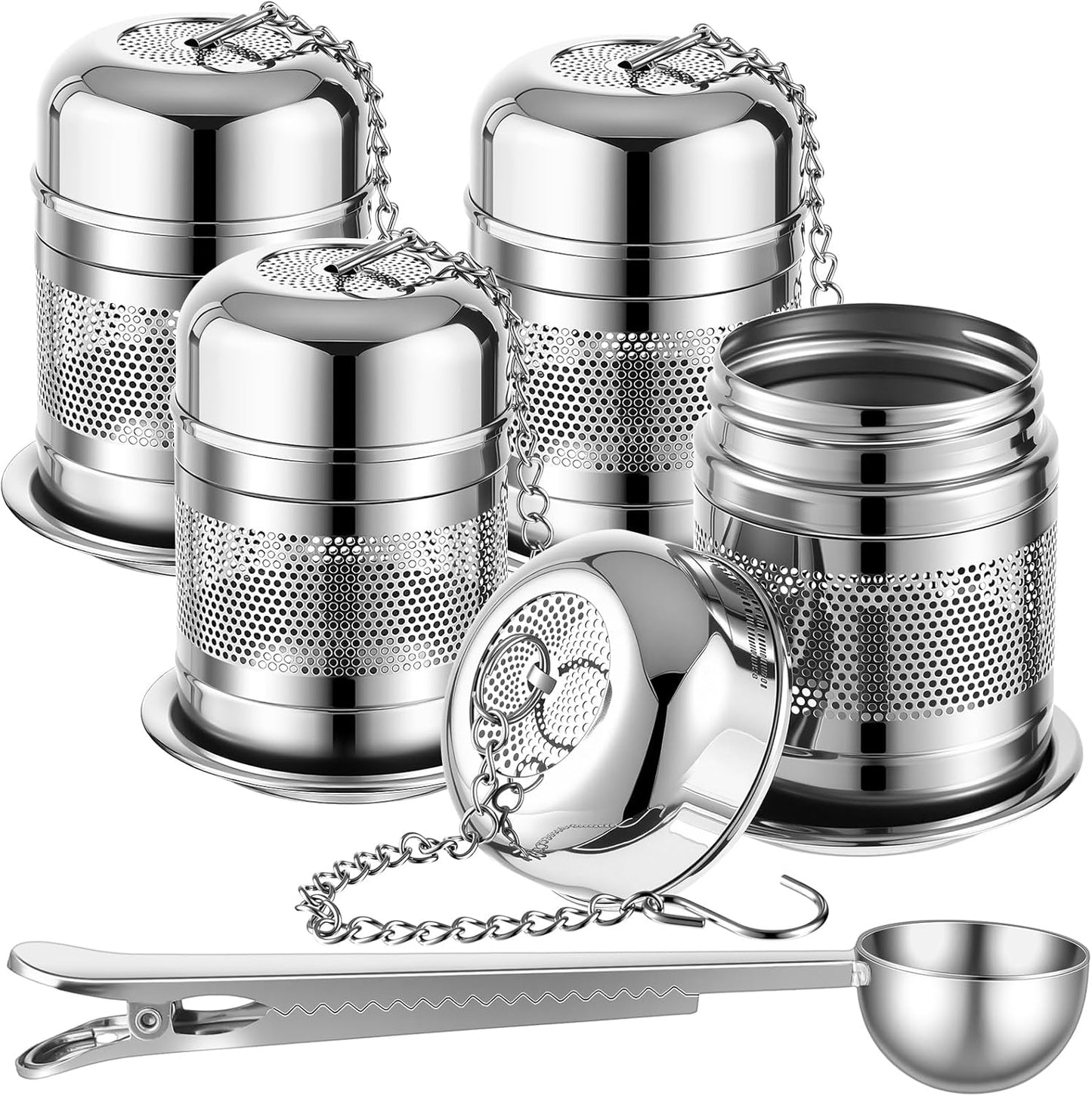 Umigy 4 Pcs Tea Infuser Strainers for Loose Tea with Scoop, Extra Fine Mesh Steeper 304 Stainless Steel Diffuser Leaf Holder with Extended Chain Hook for Brew, Spices, Seasoning, Silver