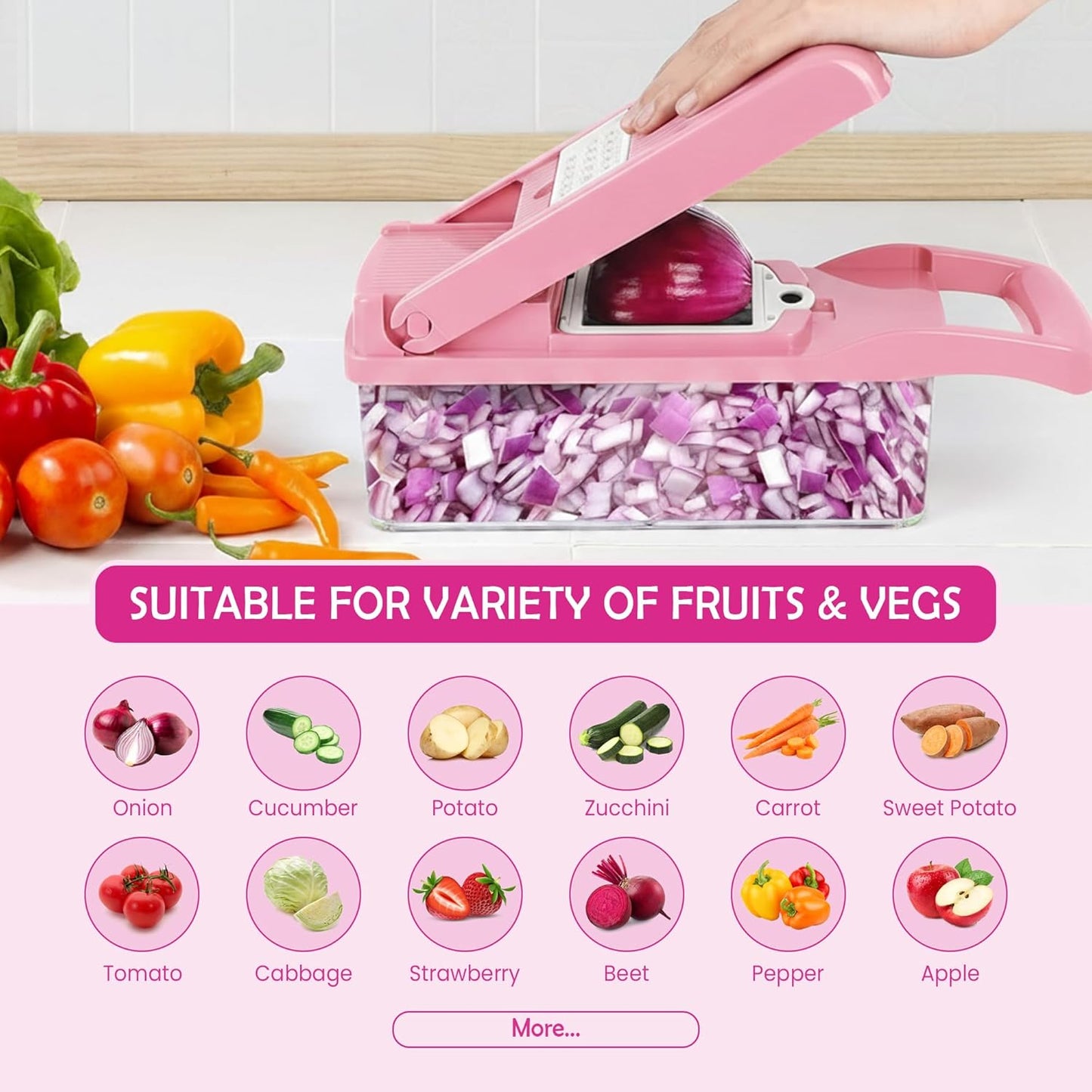 16-in-1 Vegetable Chopper & Mandoline Slicer with Container, Multifunctional Food Chopper, Onion Dicer & Grater for Potato, Carrot, Garlic and Salad, Kitchen Gadgets & Essentials (Pink)