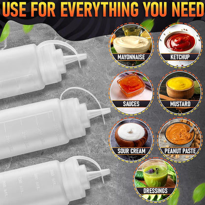 Set of 6 Inverted Condiment Squeeze Bottles 16 oz – Upgraded Design with Added Sealing Gaskets, Self-Closing Valve, Easy-to-Fill Clear Bottles for Sauces, Dressings, Ketchup, Mustard for Everyday Use