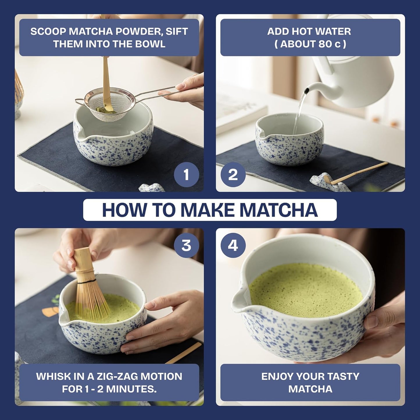 8-Piece Matcha Whisk Set with Bowl, Bamboo Matcha Whisk, Whisk Holder, Scoop & Sifter, Traditional Matcha Kit for Ceremonial Matcha Tea & Lattes, Green