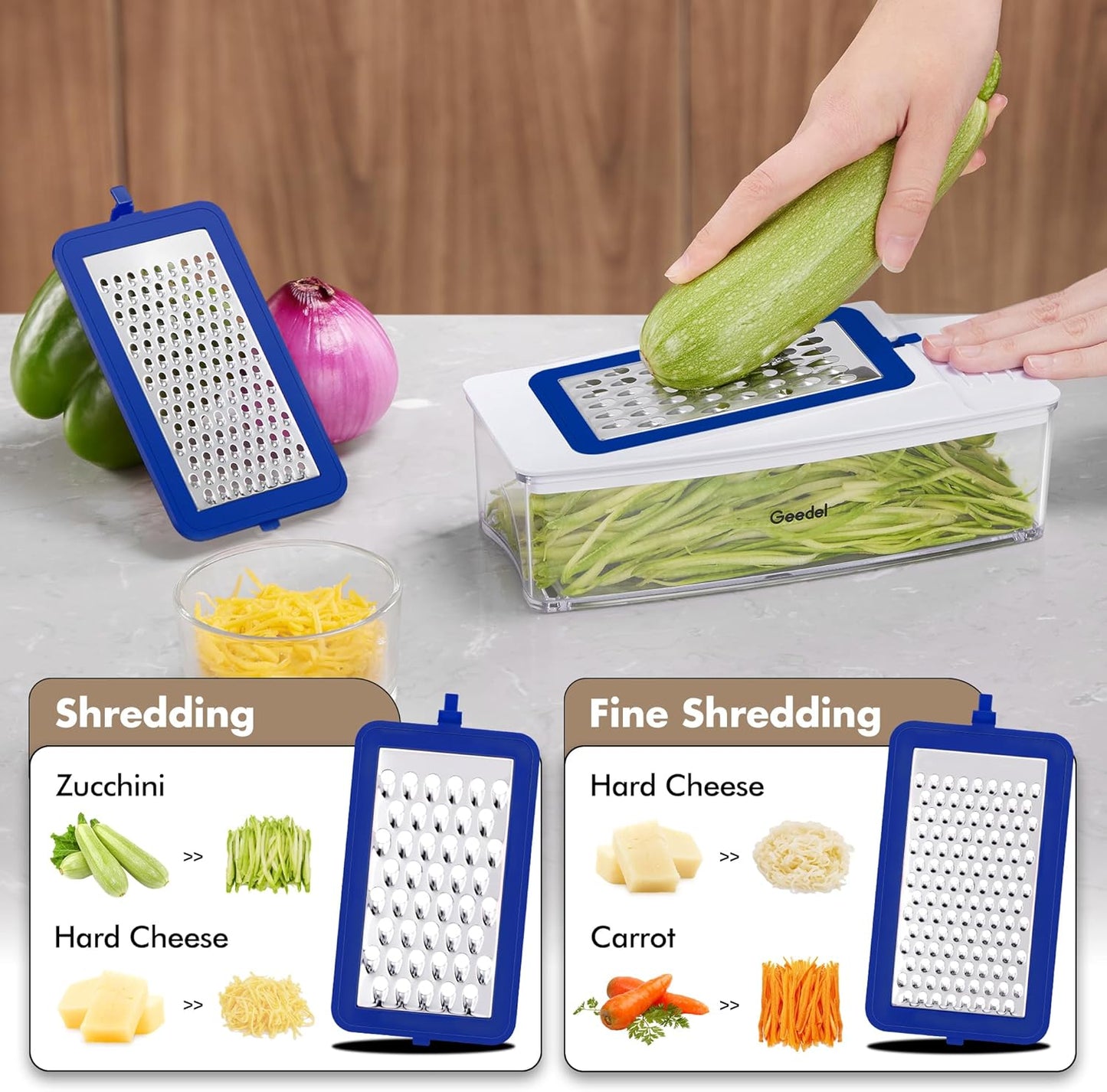 Geedel Vegetable Cutter, Onion Cutter Pro Food Chopper, Kitchen Vegetable Slicer Dicer Cutter Grater, Veggie Chopper with container for Salad Onion Potato Carrot (4 in 1, Blue)