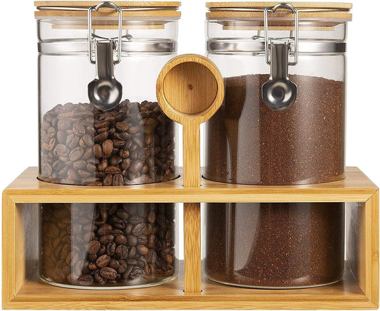 Yangbaga Glass Coffee Container with Wooden Shelf,2×45OZ Coffee and Sugar Container Set,Coffee Canisters with Airtight Lids and Scoop,Large Capacity Food Storage Jars for Coffee Beans,Nuts,Tea,Sugar